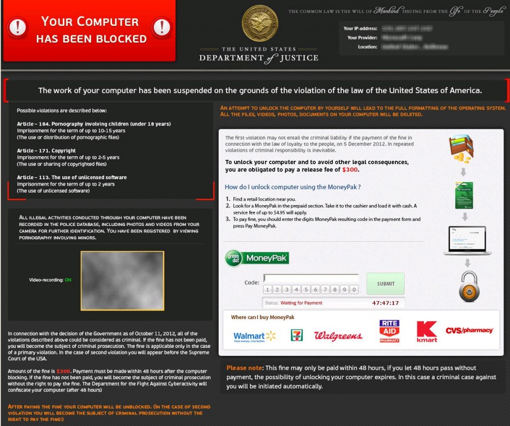 Blog - MoneyPak Scam FBI Department of Justice, virus malware
