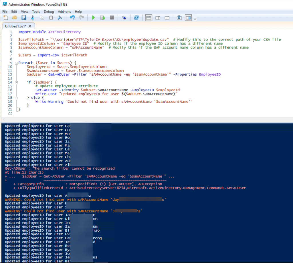 PowerShell Script to Update AD attribute from CSV